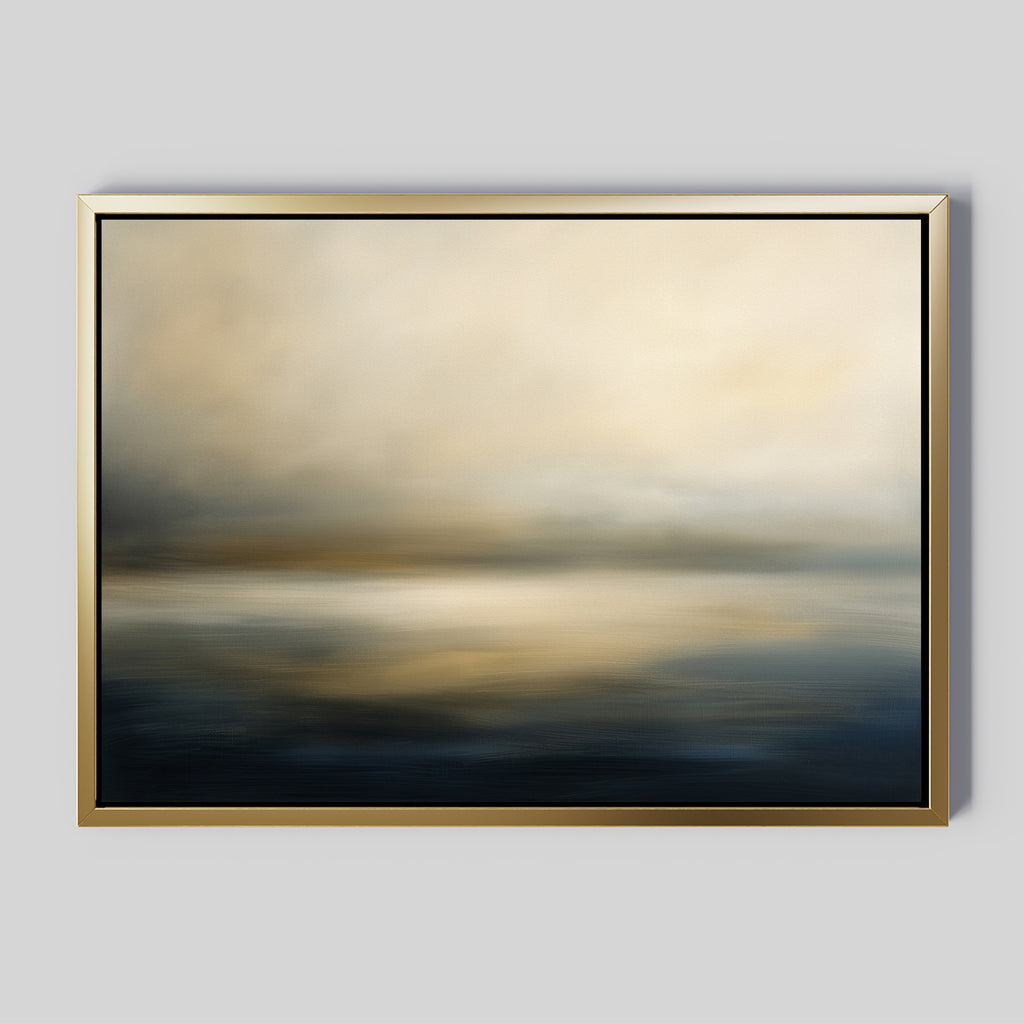The Foggy Bay Impressions Canvas Art - Horizontal features soft beige, gray, and dark blue tones evoking a misty seascape, adding Nordic Park elegance and serene style to any plain light gray wall.
