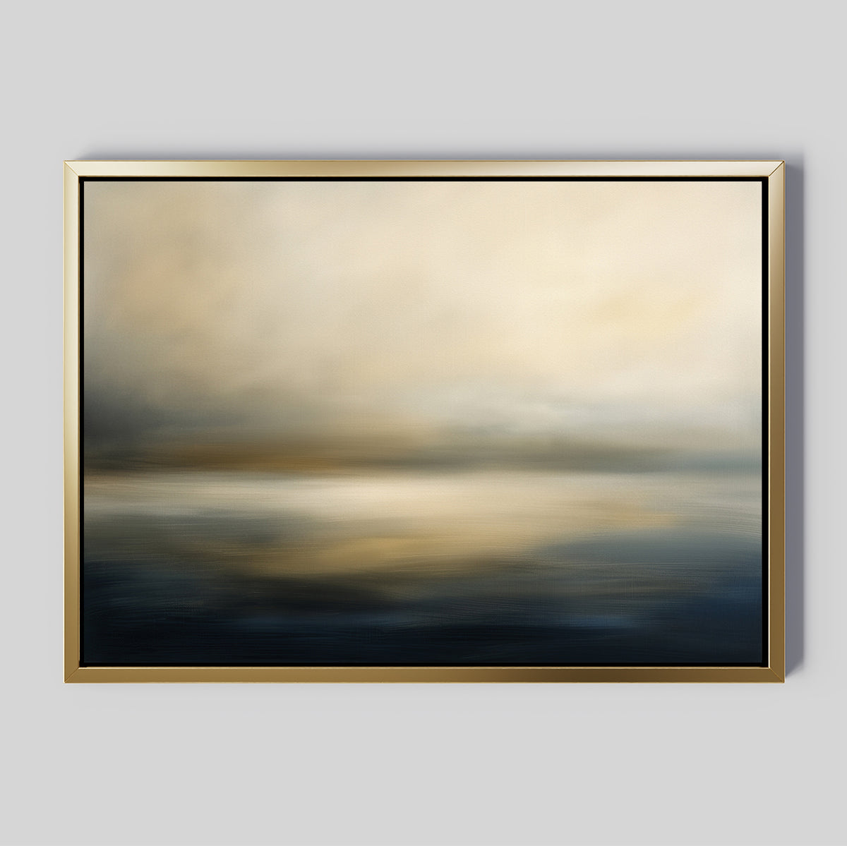 The Foggy Bay Impressions Canvas Art - Horizontal features soft beige, gray, and dark blue tones evoking a misty seascape, adding Nordic Park elegance and serene style to any plain light gray wall.