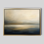 The Foggy Bay Impressions Canvas Art - Horizontal features soft beige, gray, and dark blue tones evoking a misty seascape, adding Nordic Park elegance and serene style to any plain light gray wall.
