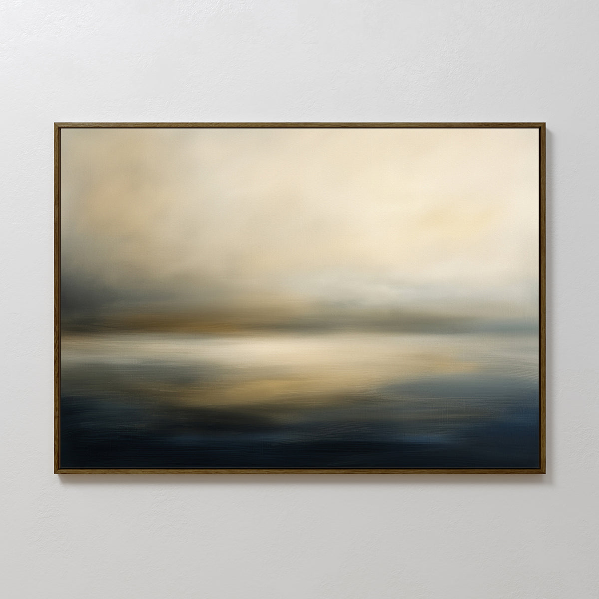 The Foggy Bay Impressions Canvas Art - Horizontal features soft beige, cream, and dark blue tones in an abstract design, evoking a misty seascape—ideal for adding serenity to your home decor.