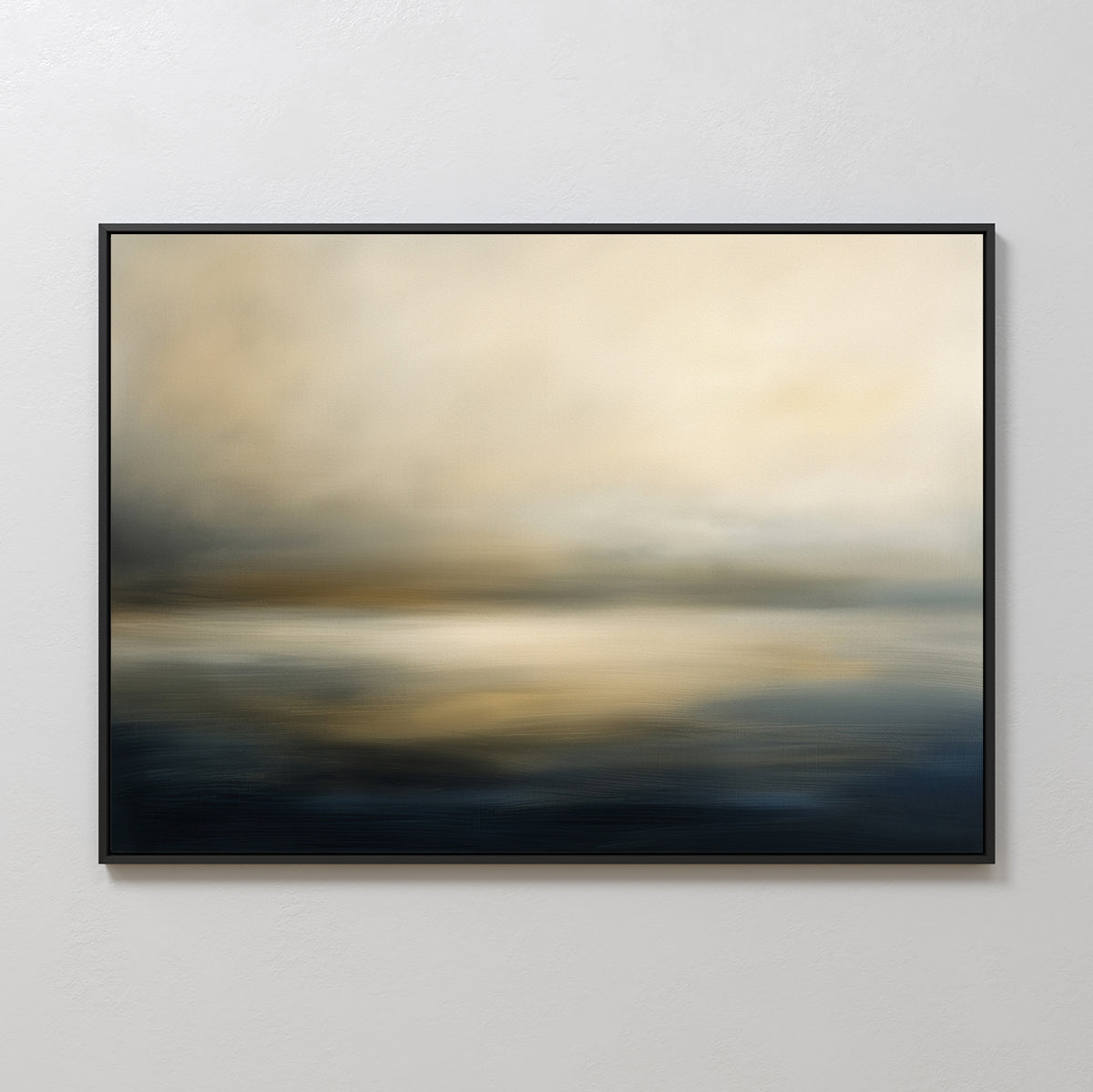 The Foggy Bay Impressions Canvas Art - Horizontal features soft, blurred shades of blue, beige, and gold, adding a tranquil Nordic-inspired touch to serene home decor when displayed on a light-colored wall.