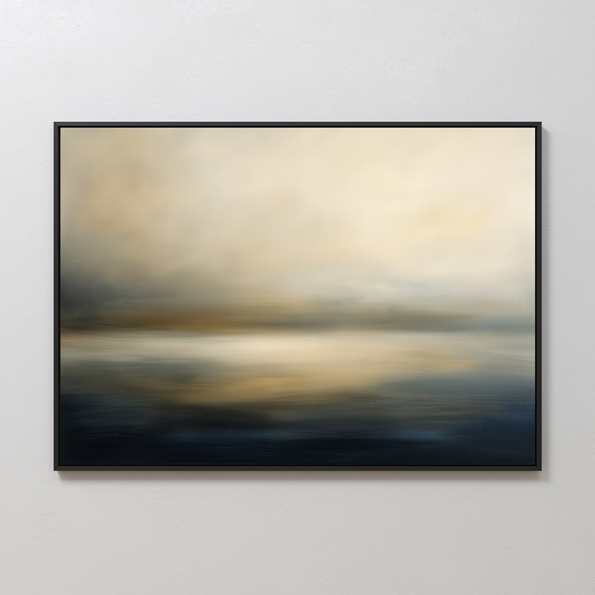The Foggy Bay Impressions Canvas Art - Horizontal features soft, blurred shades of blue, beige, and gold, adding a tranquil Nordic-inspired touch to serene home decor when displayed on a light-colored wall.