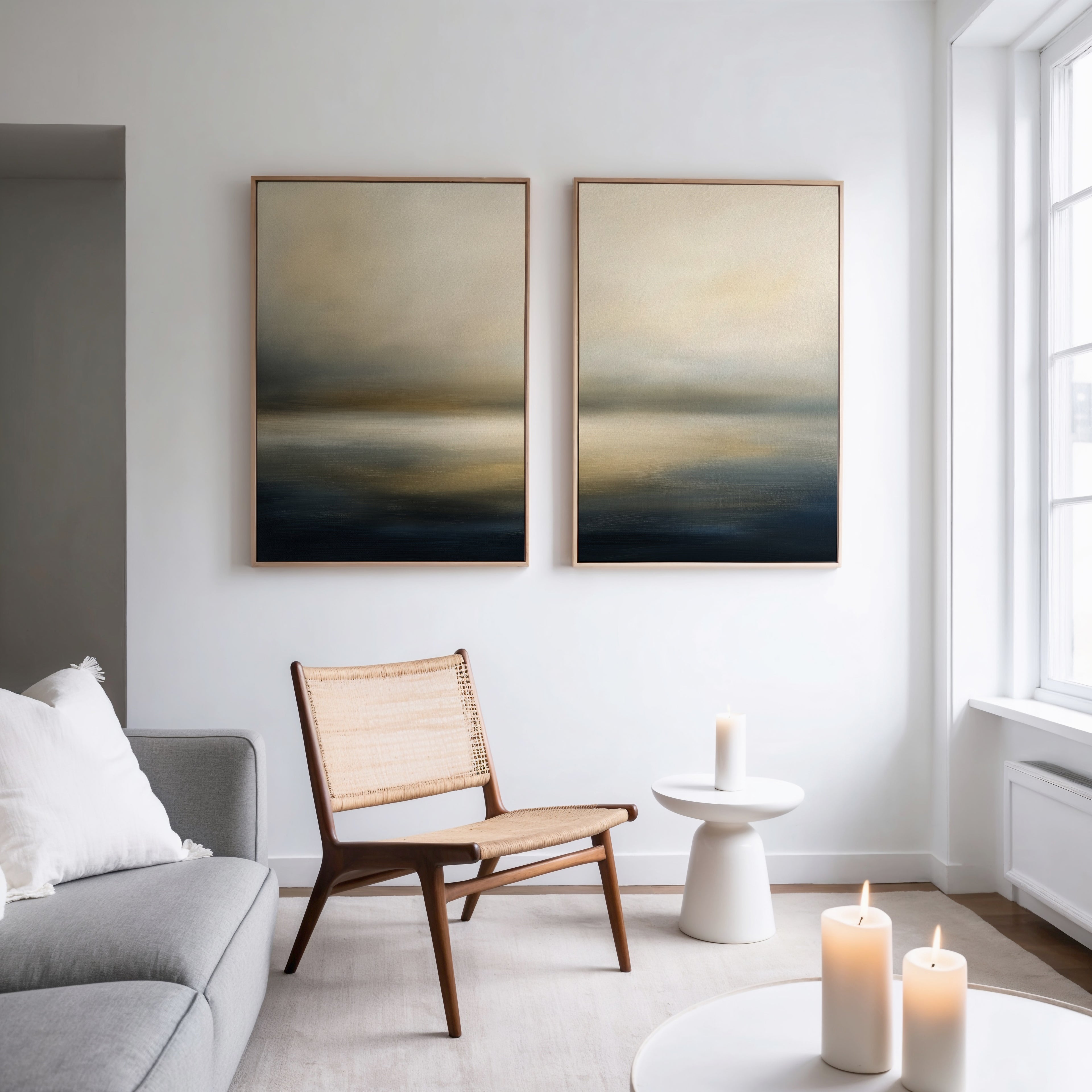 A modern, minimal living room features a gray sofa, wooden chair, and small white table with a lit candle. Large windows provide natural light, while the Foggy Bay Impressions - Set Of 2 wall art adds visual interest to the space.