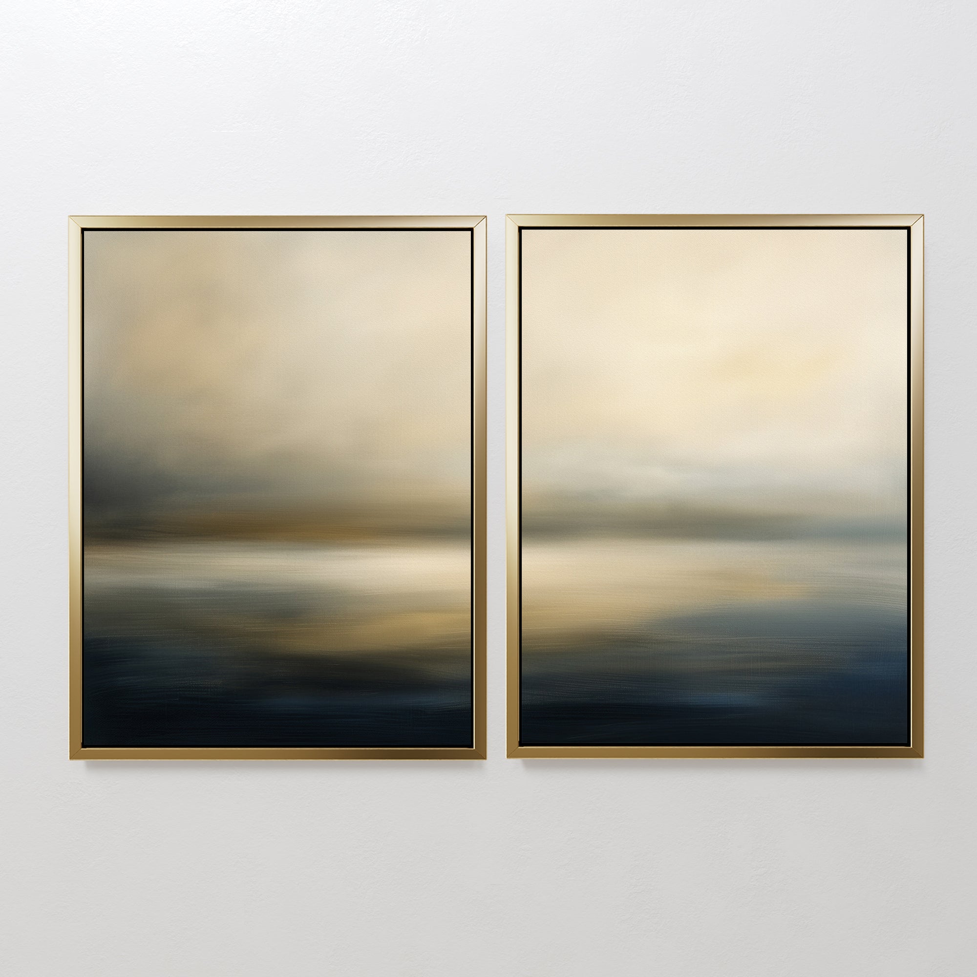 The "Foggy Bay Impressions - Set Of 2" features abstract wall art with gold frames, showcasing blurred gradients of dark blue, beige, and light gold to evoke a serene seascape—perfect for adding calm to any neutral space.