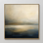 The Foggy Bay Impressions Canvas Art - Square features a framed abstract design with soft beige, gold, and dark blue tones reminiscent of a misty seascape, perfect for adding serene style to your space.
