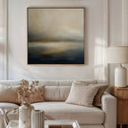A modern living room with a beige sofa, neutral cushions, dried flowers in vases on a coffee table, a table lamp, and the Foggy Bay Impressions Canvas Art—square wall art with soft muted tones—brings Nordic Park tranquility to the space.