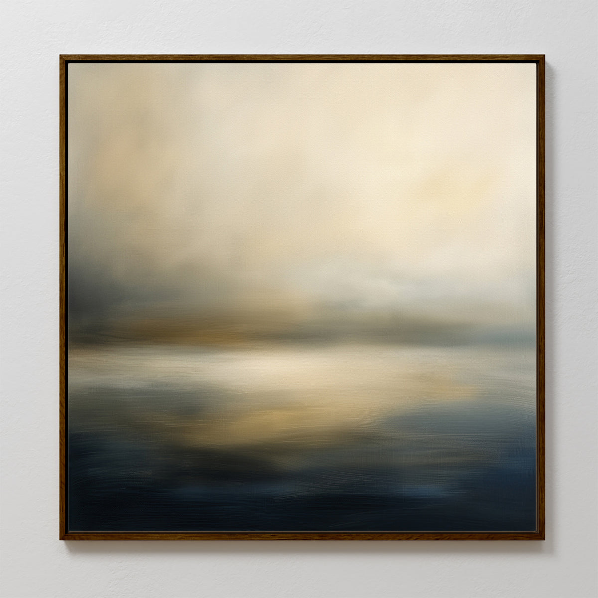Foggy Bay Impressions Canvas Art - Square features a dreamy, abstract landscape in soft beige, gold, and deep blue tones, evoking a tranquil sunrise over water—perfect for adding serene style to your space.