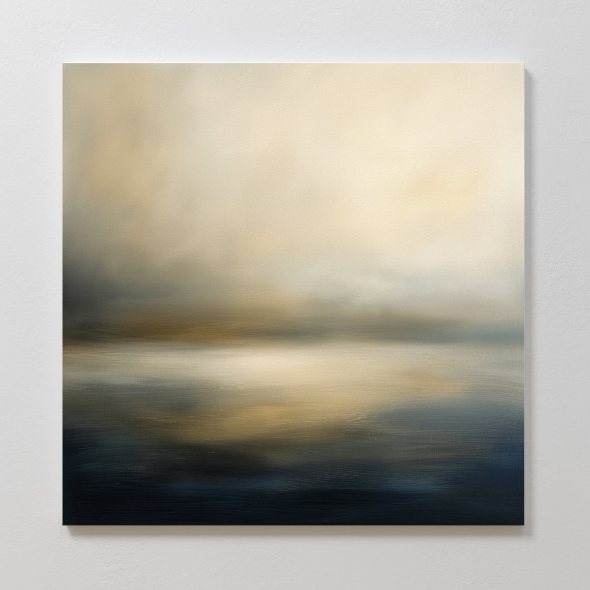 Foggy Bay Impressions Canvas Art - Square features a soft-focus abstract design with warm beige, gold, and dark blue tones, evoking a hazy seascape with reflective water and a misty sky—a tranquil accent for any room.