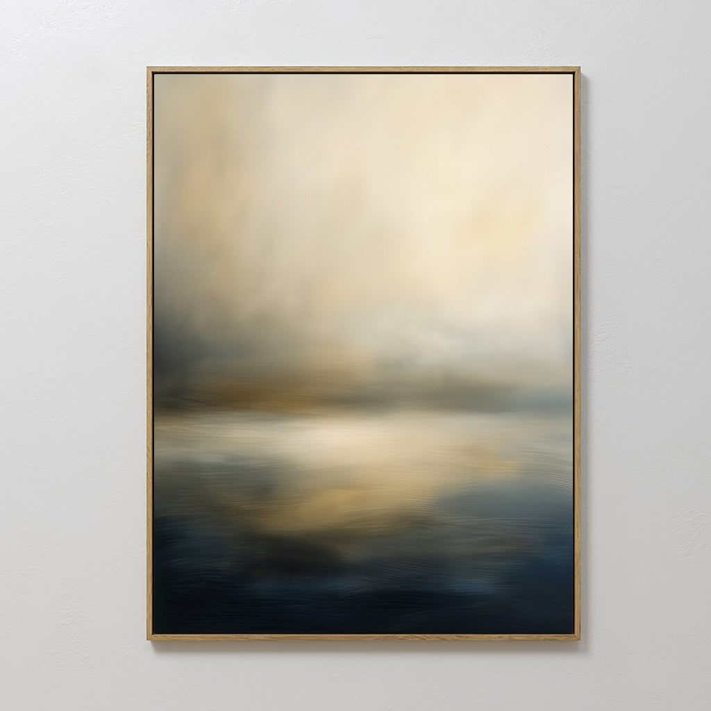 The Foggy Bay Impressions Canvas Art - Vertical features soft, blurred tones of beige, cream, and dark blue, evoking serene elegance like a tranquil landscape reflected on water. Perfect as wall art on a plain white wall.