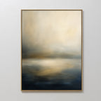 The Foggy Bay Impressions Canvas Art - Vertical features soft, blurred tones of beige, cream, and dark blue, evoking serene elegance like a tranquil landscape reflected on water. Perfect as wall art on a plain white wall.