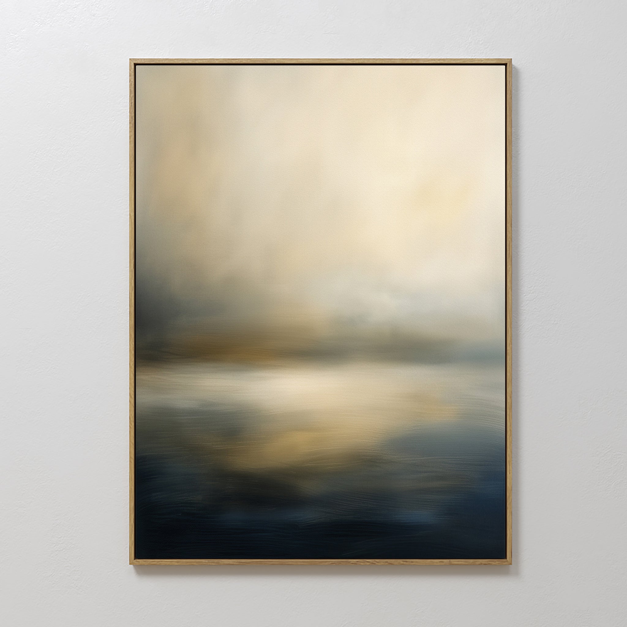 The Foggy Bay Impressions Canvas Art - Vertical features soft, blurred tones of beige, cream, and dark blue, evoking serene elegance like a tranquil landscape reflected on water. Perfect as wall art on a plain white wall.
