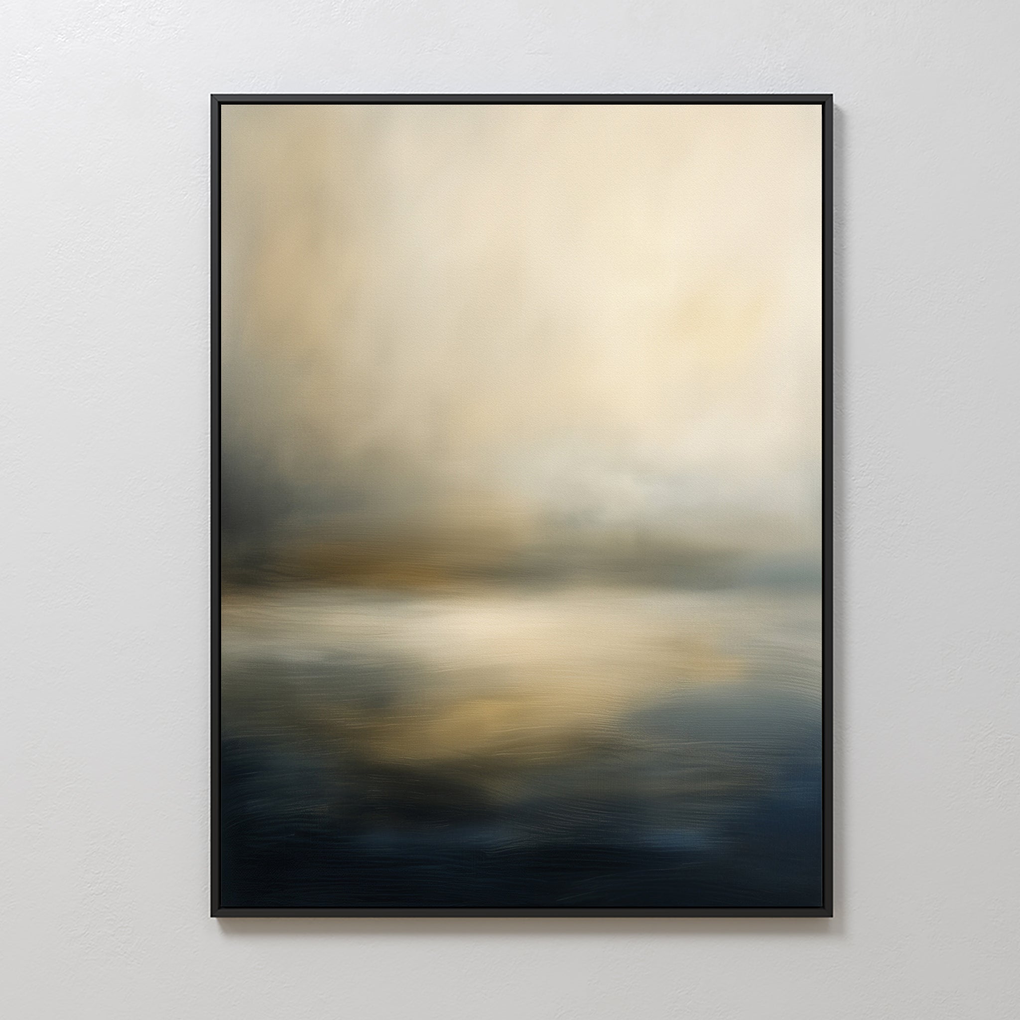 Foggy Bay Impressions Canvas Art - Vertical features soft, blurred beige, gold, and dark blue tones that evoke serene elegance—an ideal choice to add subtle sophistication to any plain white wall.