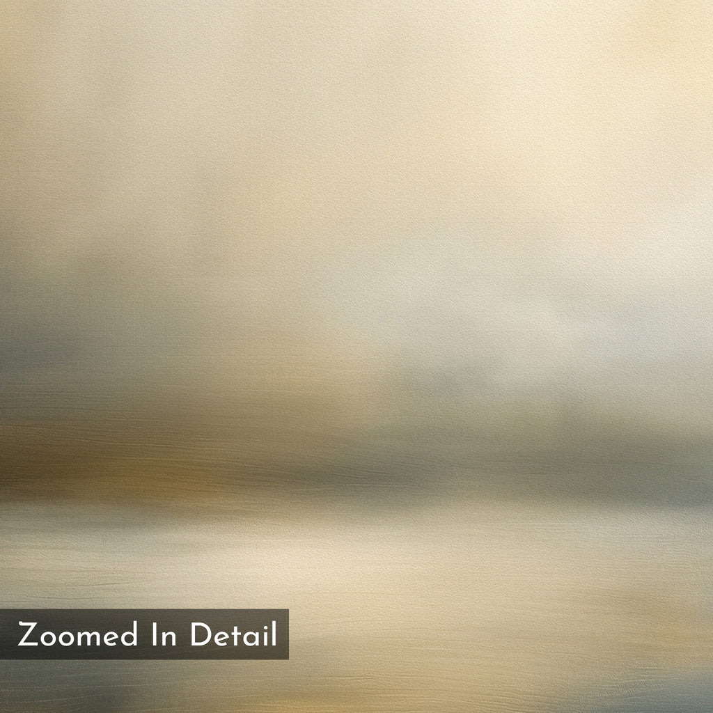 Foggy Bay Impressions Canvas Art - Vertical features a blurred, abstract print in soft beige, gray, and brown, evoking a misty landscape. "Zoomed In Detail" appears in a gray box at the lower left, adding serene elegance for wall art.