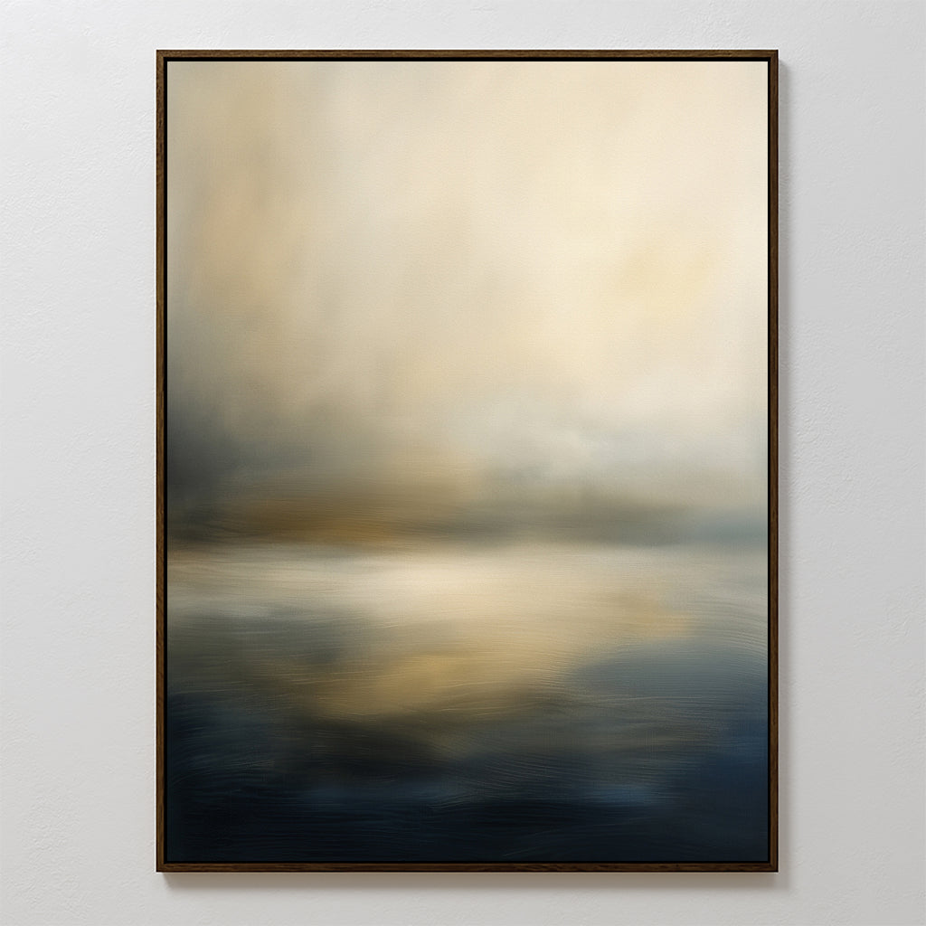 Foggy Bay Impressions Canvas Art - Vertical features a framed abstract design with soft beige, blue, and gray tones that evoke a tranquil, misty landscape—ideal wall art for bringing serene elegance to any space.
