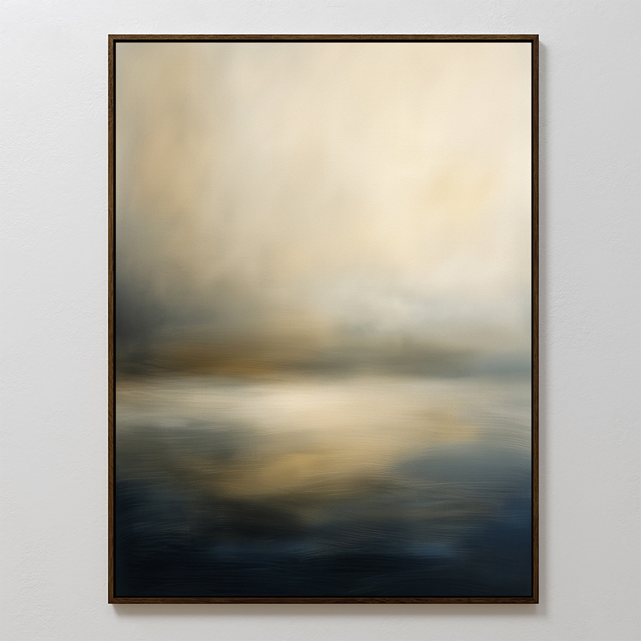 Foggy Bay Impressions Canvas Art - Vertical features a framed abstract design with soft beige, blue, and gray tones that evoke a tranquil, misty landscape—ideal wall art for bringing serene elegance to any space.