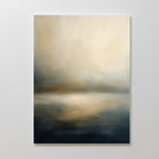 The Foggy Bay Impressions Canvas Art - Vertical features soft beige, gray, and blue tones in an abstract landscape style, adding serene elegance and a sense of calm to any space when displayed on a white wall.