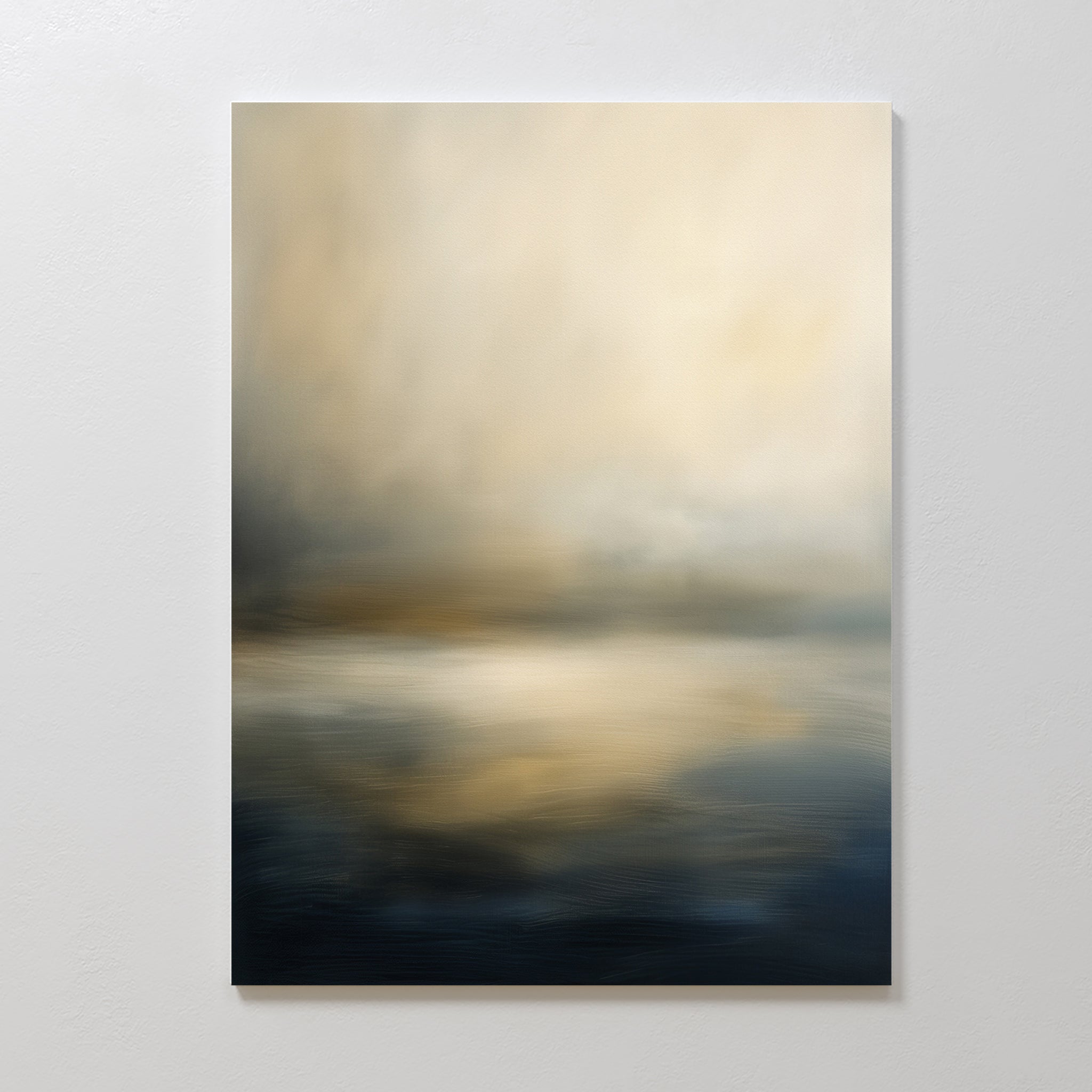 The Foggy Bay Impressions Canvas Art - Vertical features soft beige, gray, and blue tones in an abstract landscape style, adding serene elegance and a sense of calm to any space when displayed on a white wall.