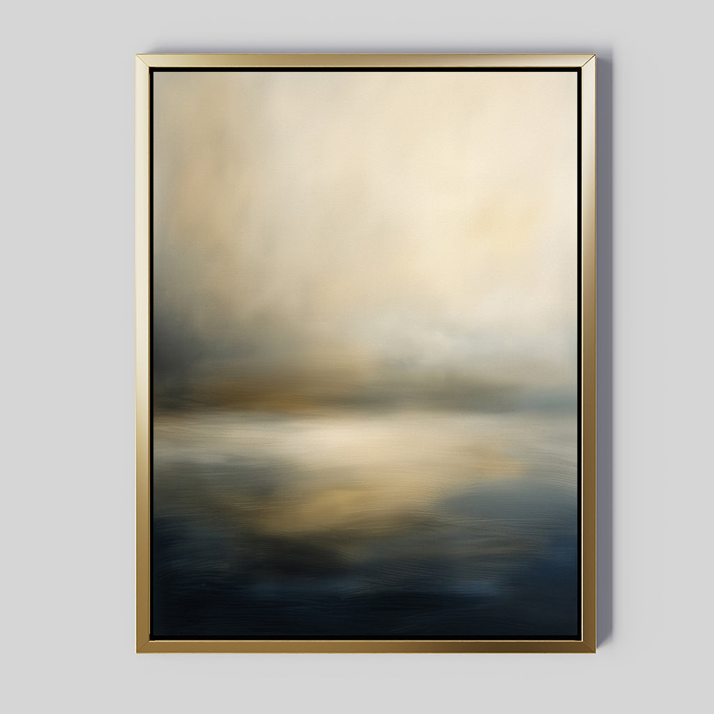 The Foggy Bay Impressions Canvas Art - Vertical features soft, blurred tones of beige, gold, and dark blue, evoking serene elegance—perfect wall art for your light gray wall.