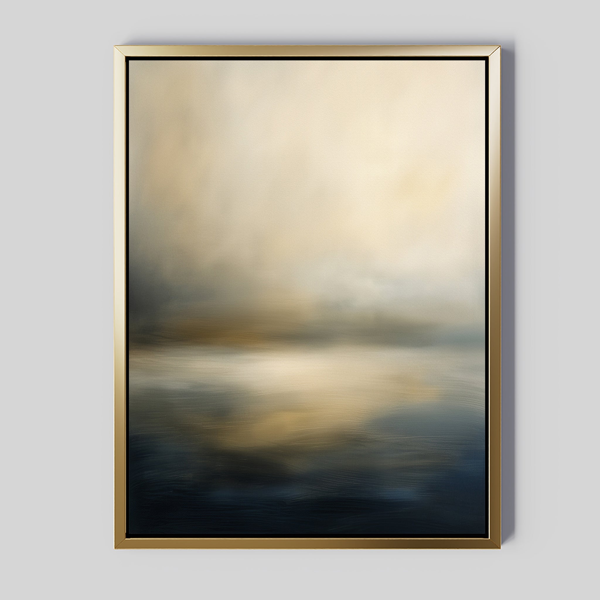 The Foggy Bay Impressions Canvas Art - Vertical features soft, blurred tones of beige, gold, and dark blue, evoking serene elegance—perfect wall art for your light gray wall.