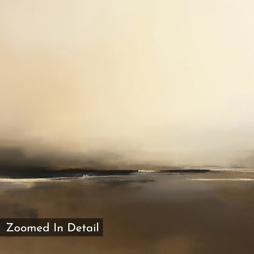 Close-up view of "Foggy Beach Expanse Canvas Art - Horizontal" reveals soft beige, cream, and brown tones blending in an abstract, serene landscape. "Zoomed In Detail" is displayed in a box at the bottom left of the image.