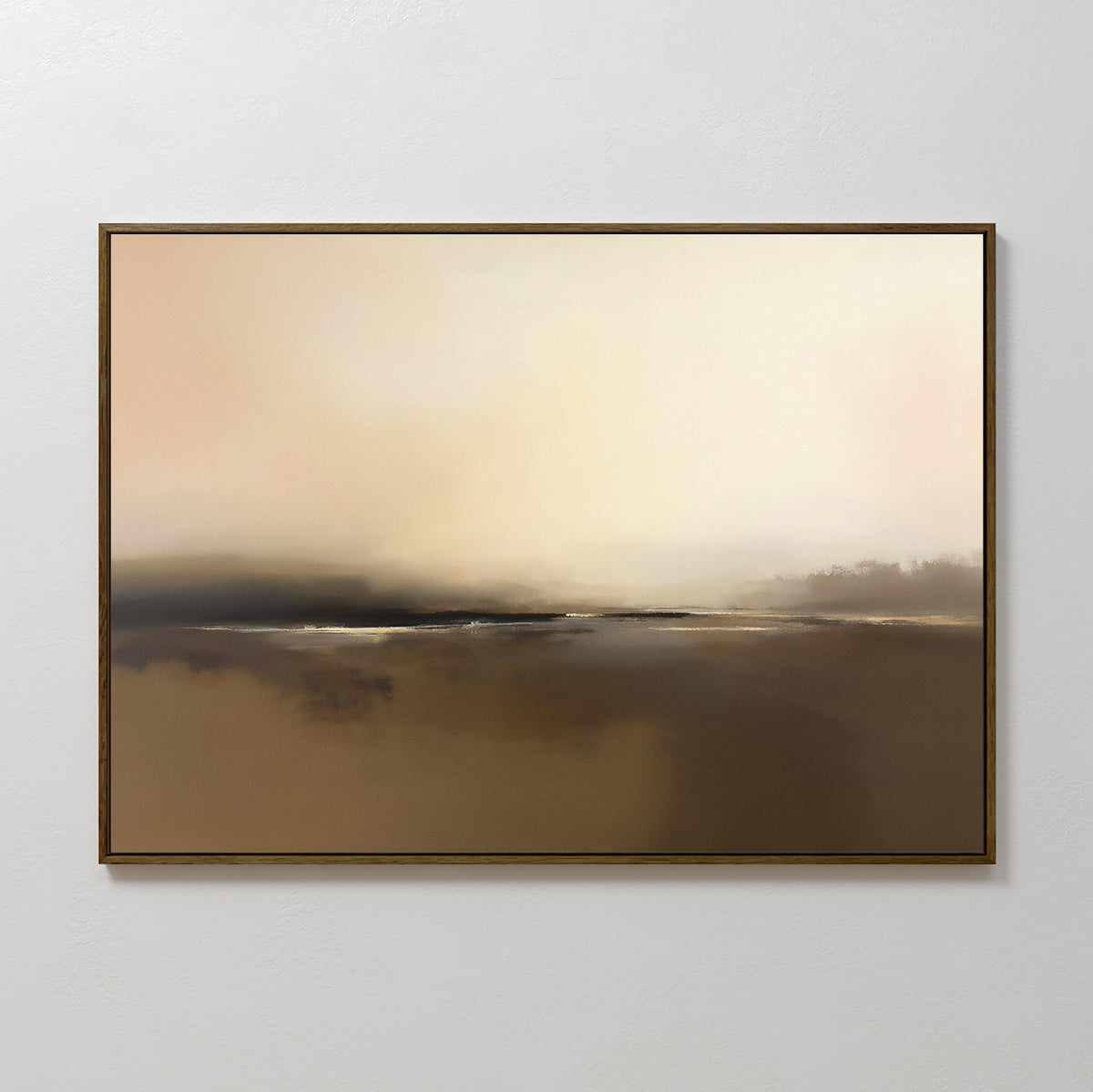 The Foggy Beach Expanse Canvas Art - Horizontal features earth-toned abstract gradients of brown, beige, and cream, evoking a serene beach scene. It's framed with a thin dark border and displayed on a plain white wall.