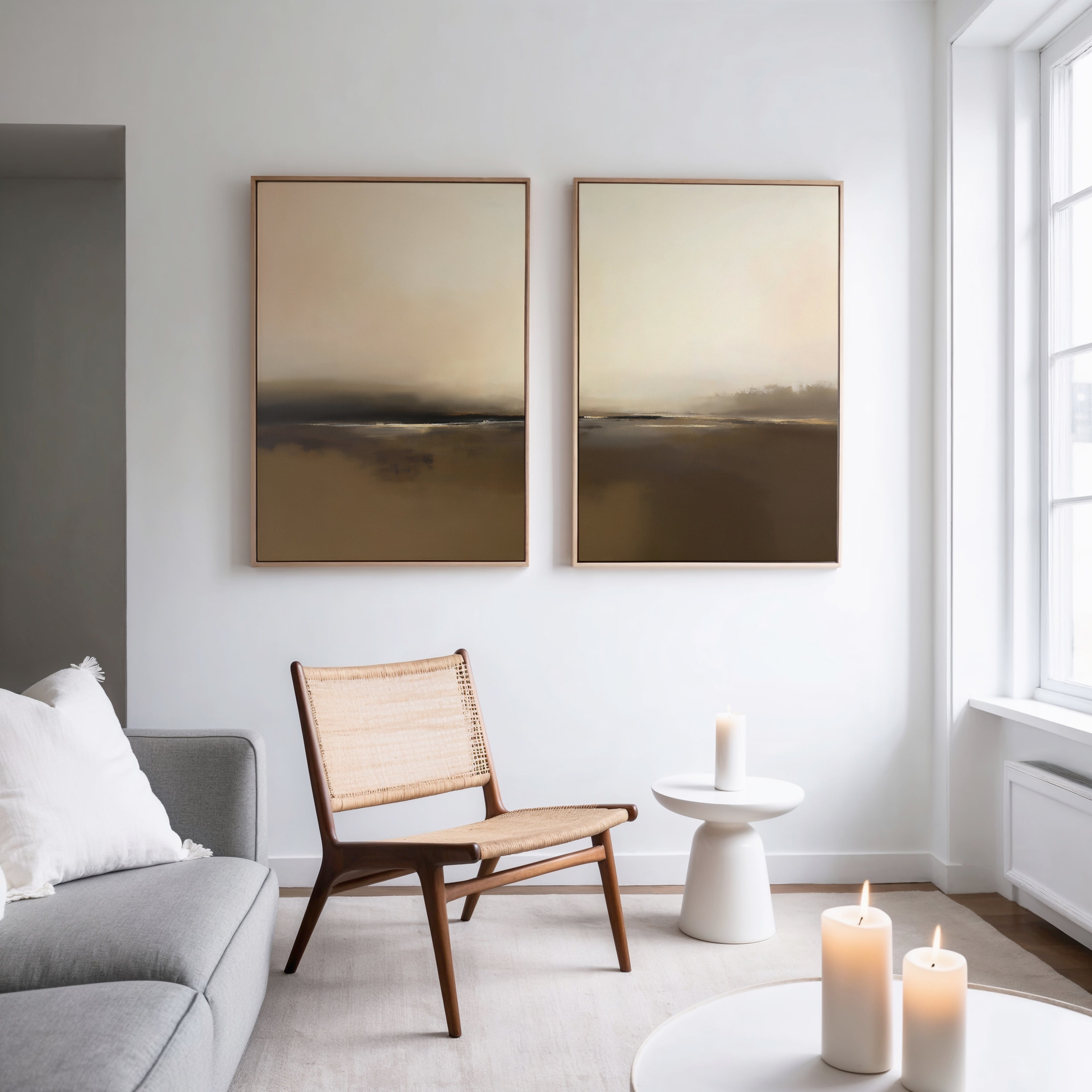 A minimalist living room with tranquil sophistication features a light gray sofa, wooden chair, small round side table, and tall windows. The wall displays the Foggy Beach Expanse - Set Of 2 artwork. Two candles rest on the coffee table.