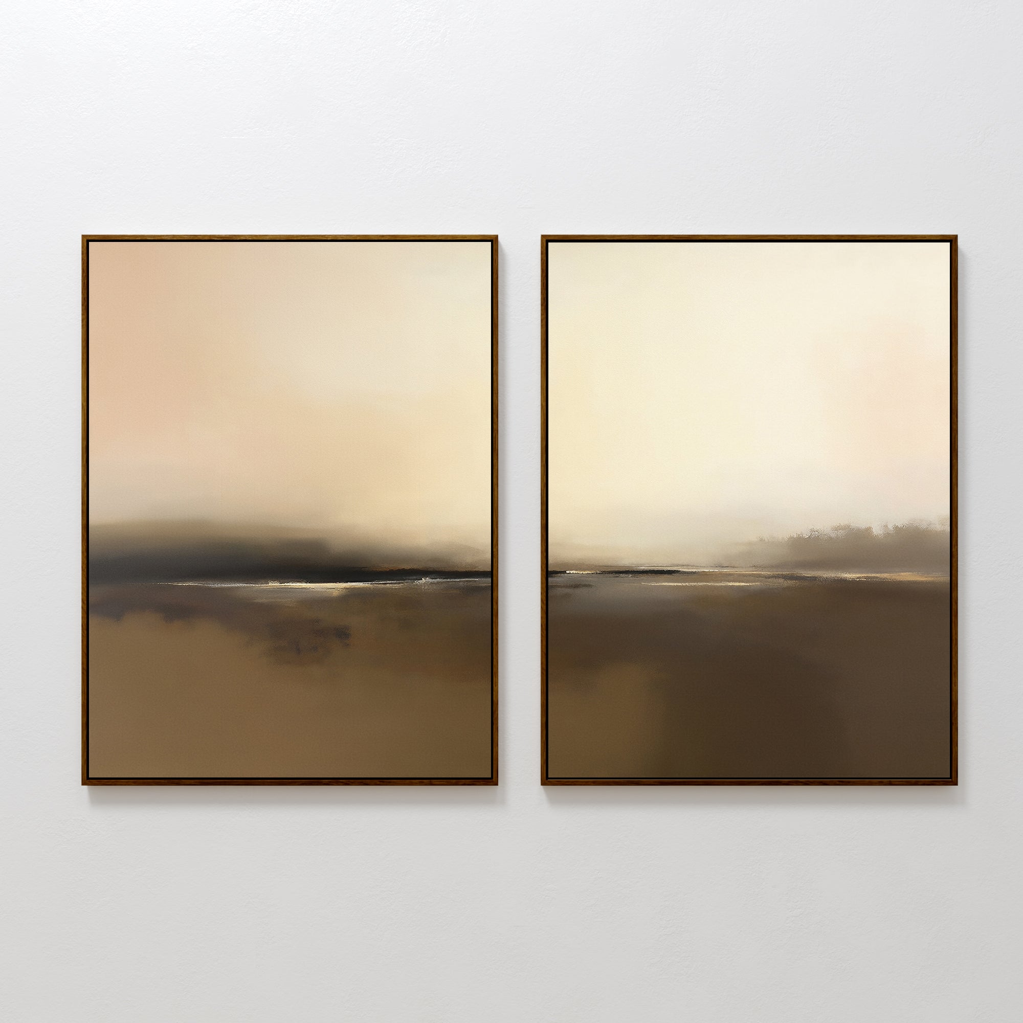 The "Foggy Beach Expanse - Set Of 2" features two framed abstract artworks in soft brown and beige tones, with blurred horizontal lines that capture the tranquil, sophisticated essence of an ethereal landscape.
