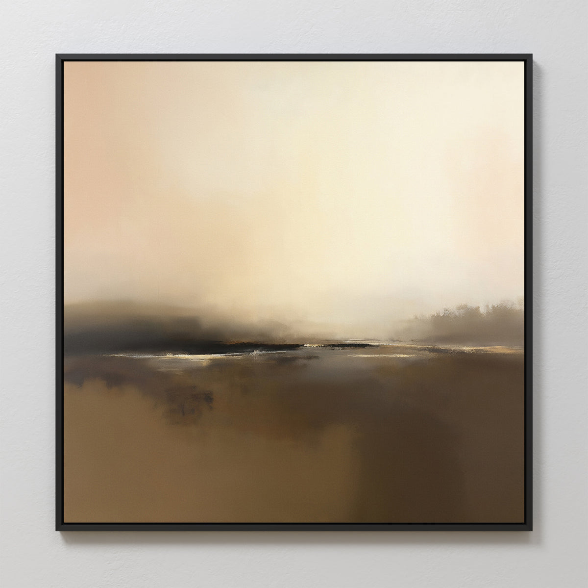 Foggy Beach Expanse Canvas Art - Square features soft, blended brown, beige, and cream shades with a dark brown horizontal band. A black frame completes this serene Nordic home decor landscape print.