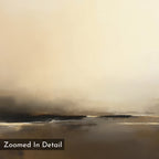 Foggy Beach Expanse Canvas Art - Square features an abstract blend of soft beige and brown tones, with darker shades and white hints forming a serene horizontal line. "Zoomed In Detail" is printed in the bottom left corner.
