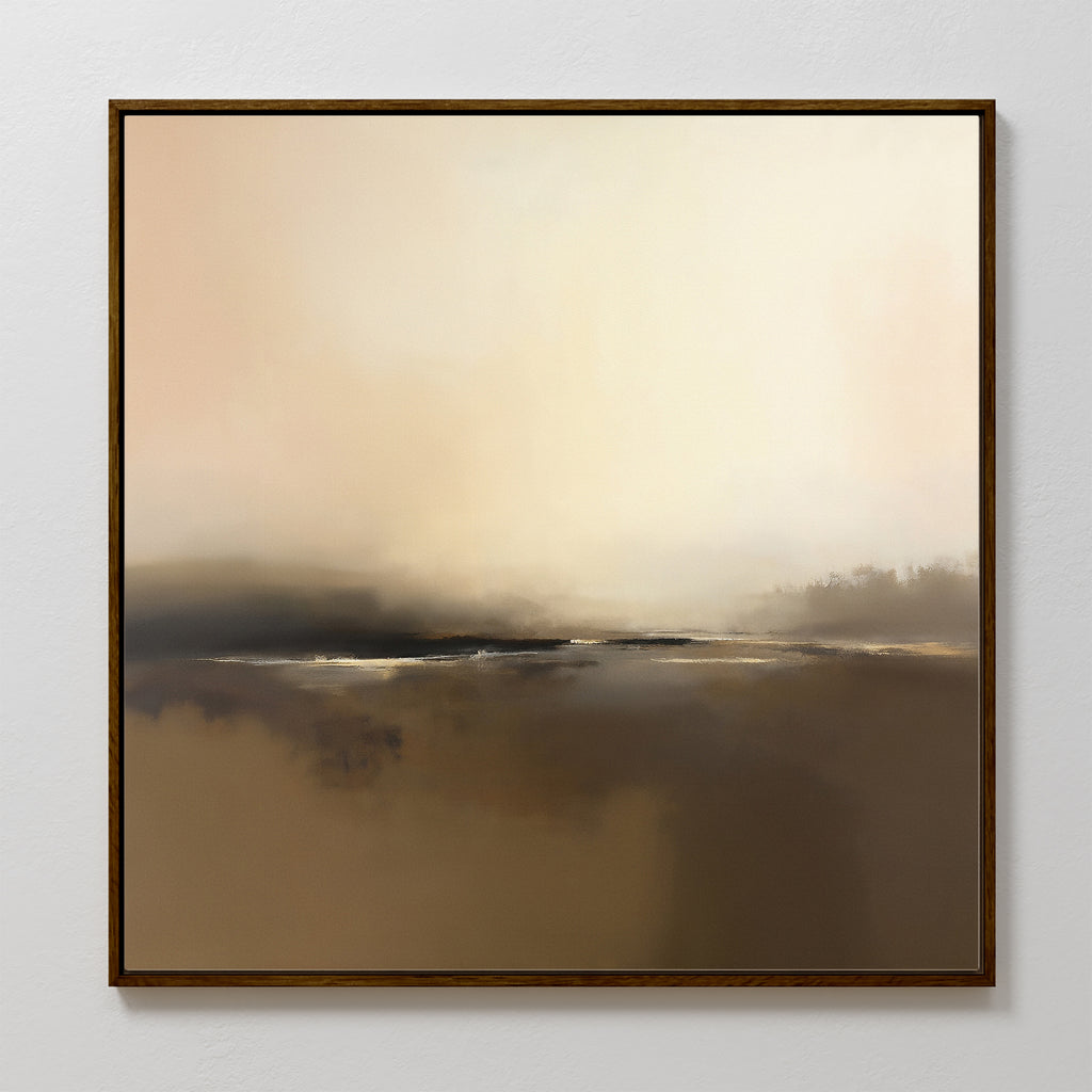 The Foggy Beach Expanse Canvas Art - Square features soft, blended earth tones with hazy silhouettes, evoking a serene Nordic-inspired landscape and adding warmth to your home decor under a light sky.