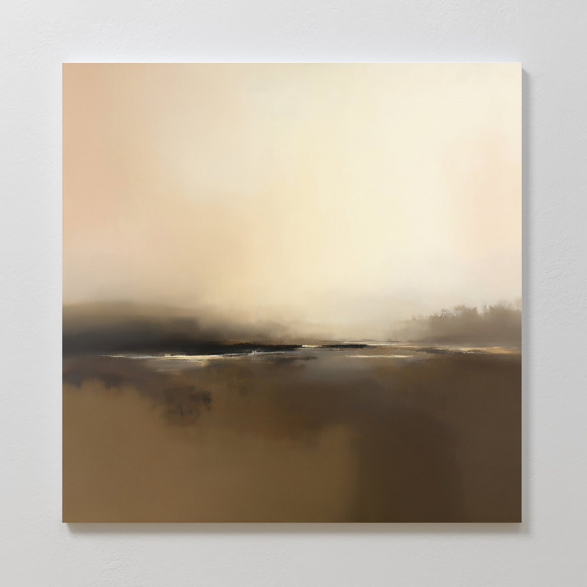 The Foggy Beach Expanse Canvas Art - Square features soft, blended tones of beige, brown, and cream that evoke a serene beach landscape with a misty horizon—ideal for adding calm, Nordic-inspired style to your home decor.