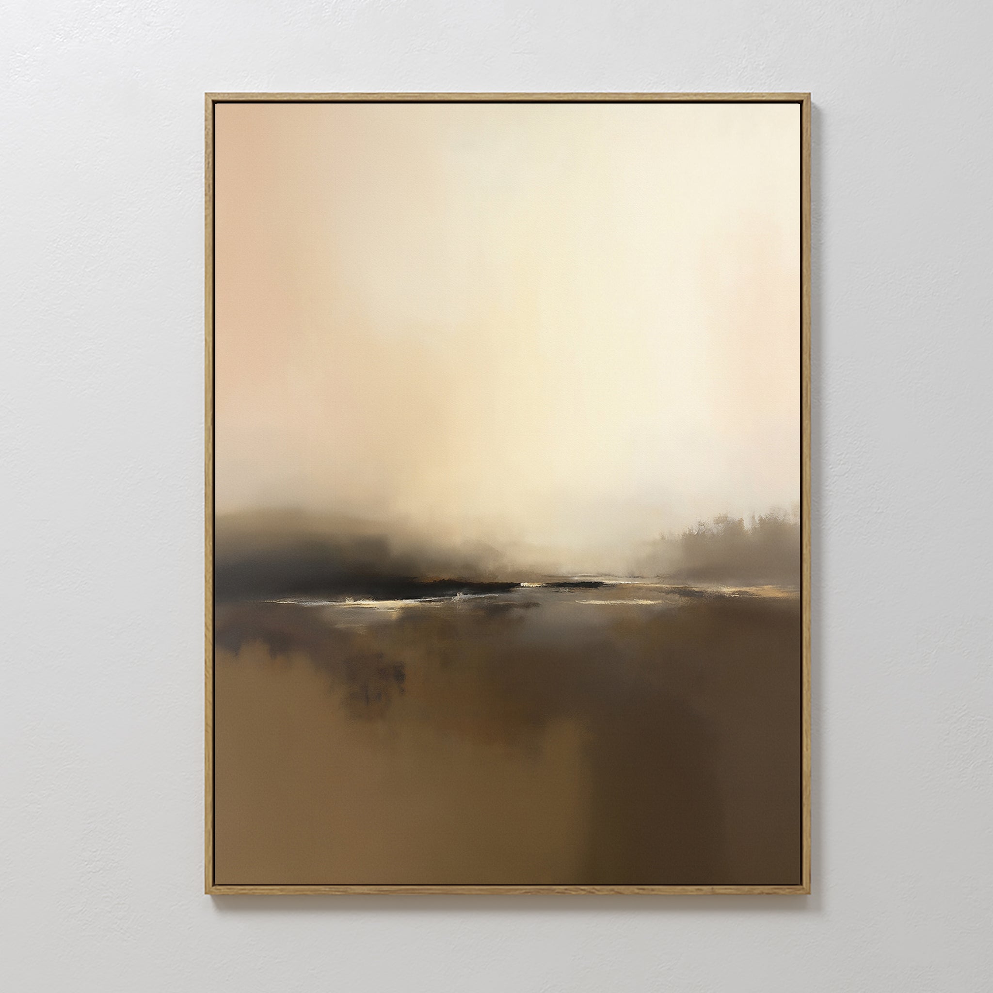 The Foggy Beach Expanse Canvas Art - Vertical features soft beige, brown, and cream tones with deeper center accents, creating a tranquil, atmospheric look reminiscent of a misty beach landscape.