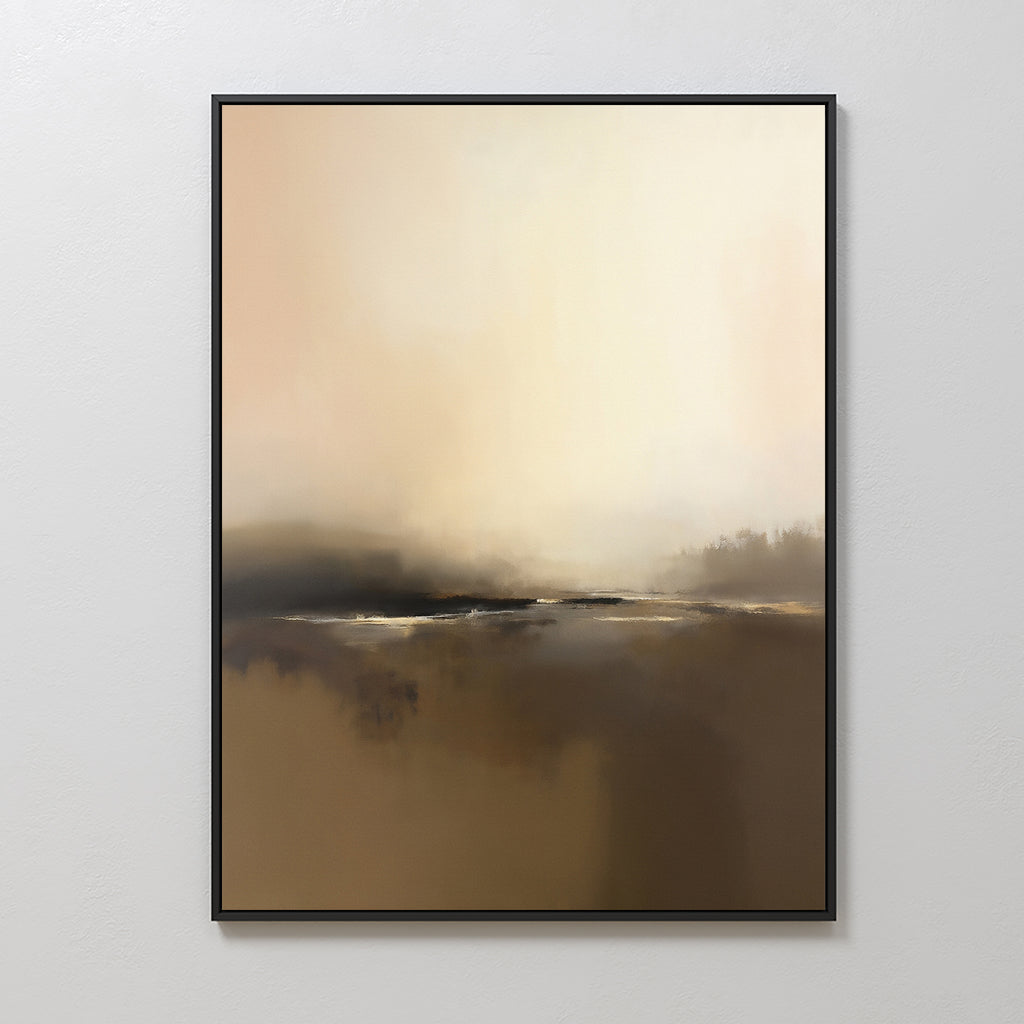 The Foggy Beach Expanse Canvas Art - Vertical features soft, blended brown, beige, and cream tones with a dark lower band. Framed and mounted on a light wall, it brings serene, abstract coastal vibes to your space.