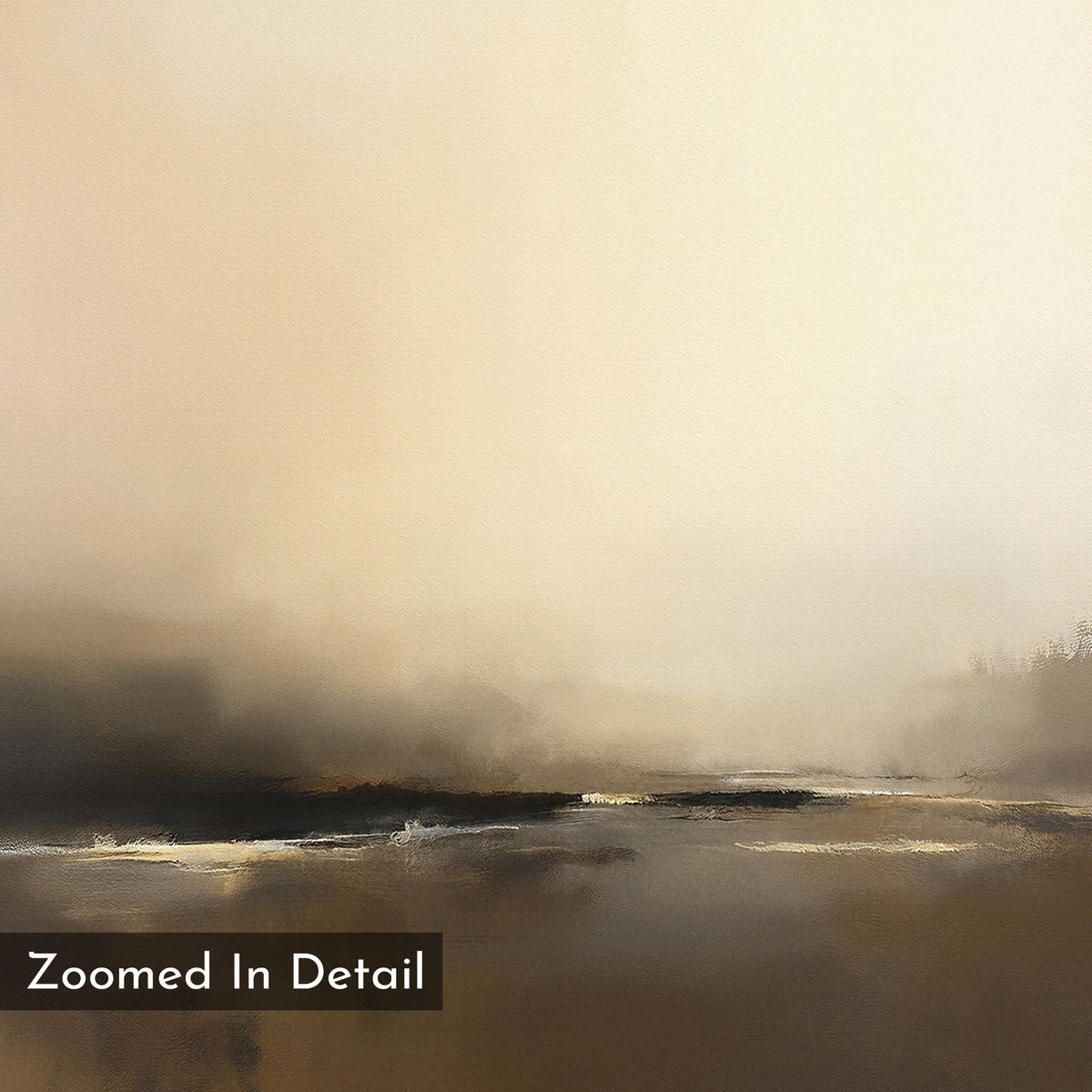 Foggy Beach Expanse Canvas Art - Vertical features an abstract design with soft beige, tan, and brown hues. Darker smudged details and light streaks create a tranquil atmosphere, perfect for soothing wall décor. “Zoomed In Detail” appears in the corner.