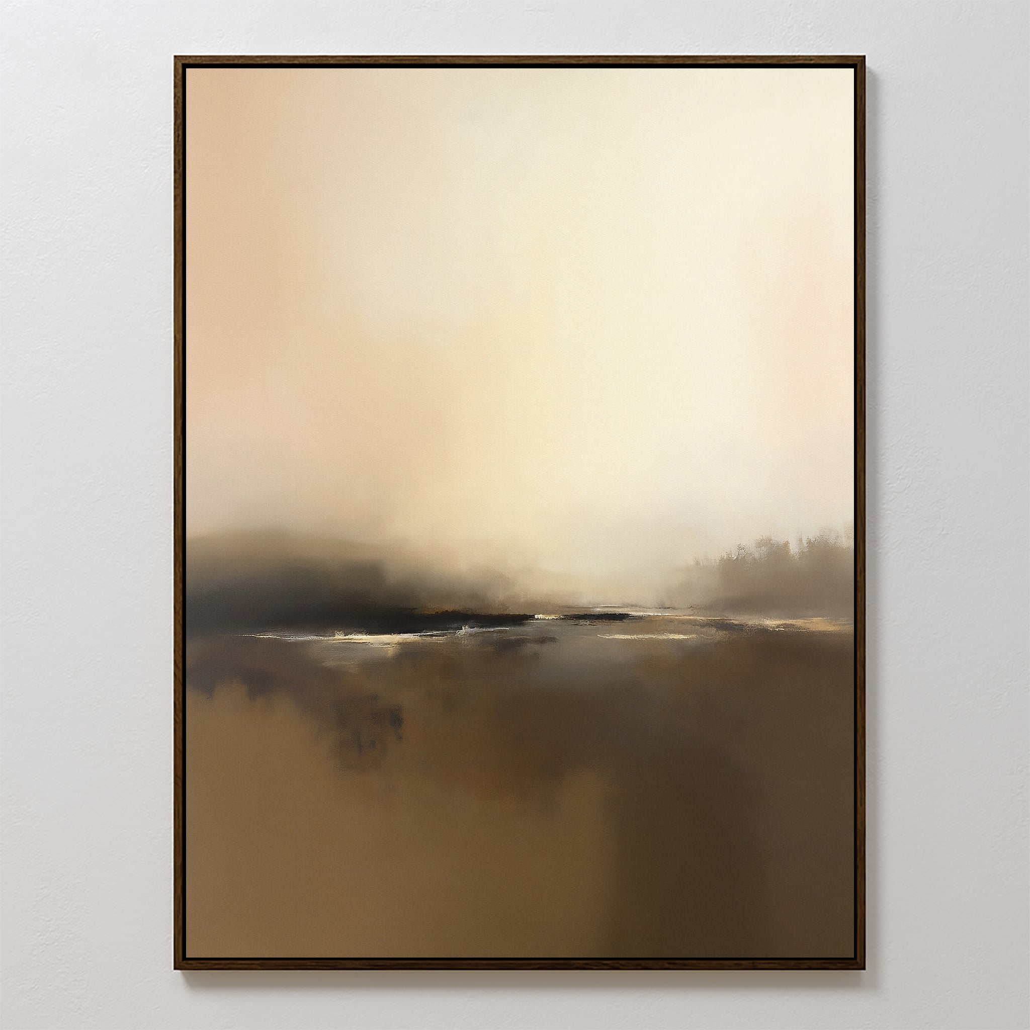 Foggy Beach Expanse Canvas Art - Vertical features soft, blended tones of beige, brown, and cream with misty shapes evoking a foggy coastal scene. This tranquil wall art has a calm, muted atmosphere and comes simply framed.
