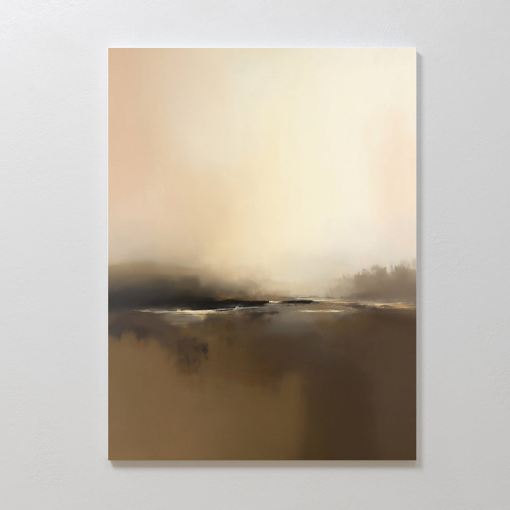 Foggy Beach Expanse Canvas Art - Vertical features minimalist abstract blends of warm beige, brown, and cream tones, evoking a tranquil foggy beach with a subtle horizon line. Shown here on a light-colored wall.