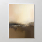 Foggy Beach Expanse Canvas Art - Vertical features minimalist abstract blends of warm beige, brown, and cream tones, evoking a tranquil foggy beach with a subtle horizon line. Shown here on a light-colored wall.