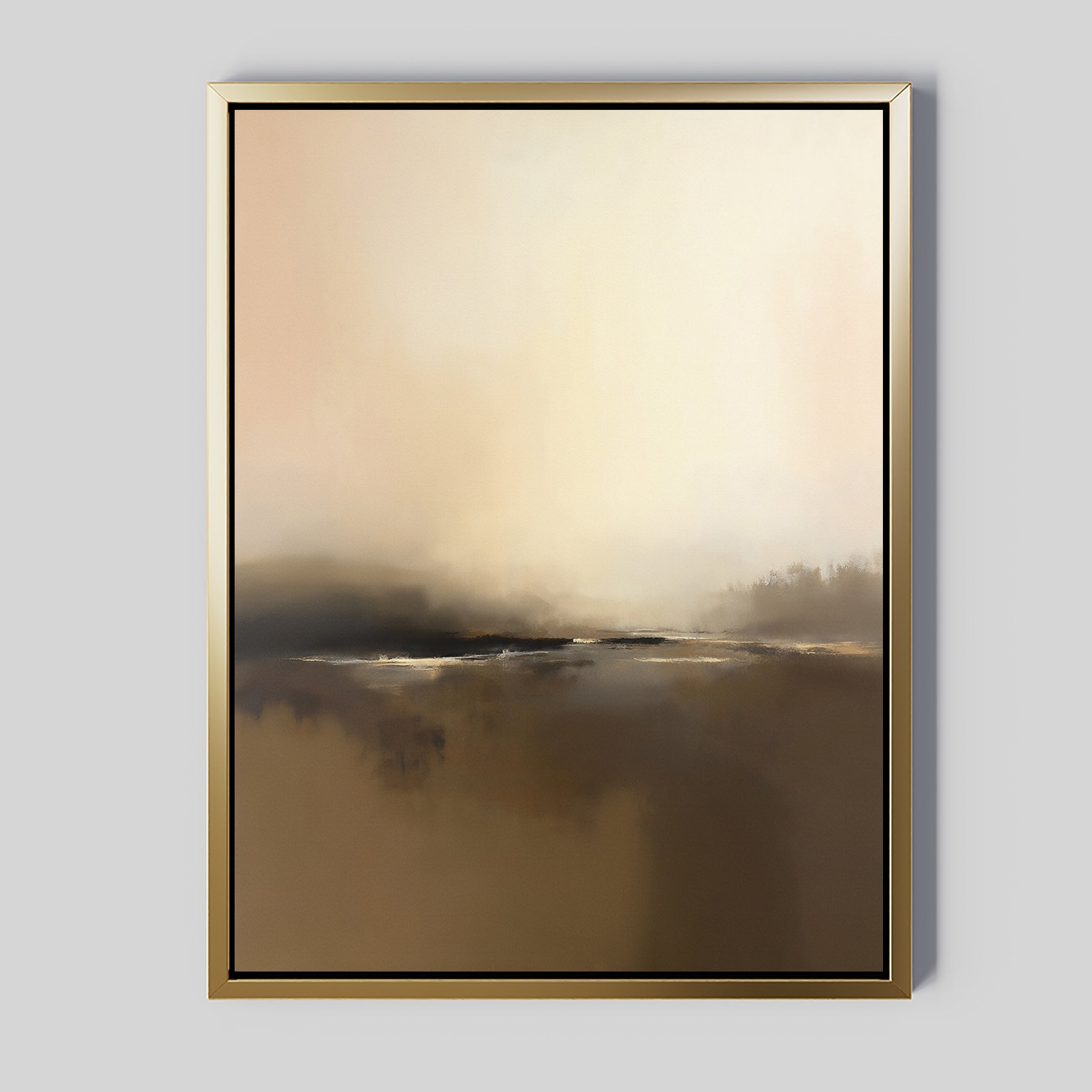 The Foggy Beach Expanse Canvas Art - Vertical features soft, blended tones of brown, beige, and cream with dark lines evoking distant hills beneath a hazy sky for a tranquil, abstract wall art look.