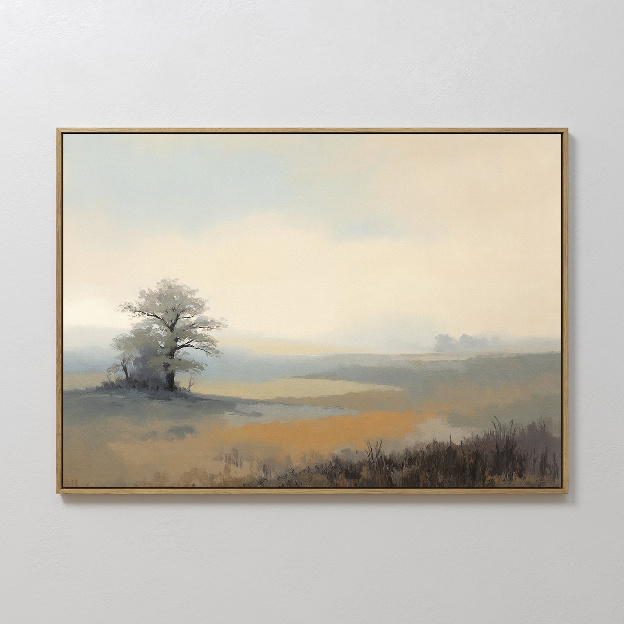 The Foggy Solitude Canvas Art - Horizontal features a serene misty landscape with a lone tree in muted earth tones, creating a calm atmosphere ideal for tranquil bedroom decor.