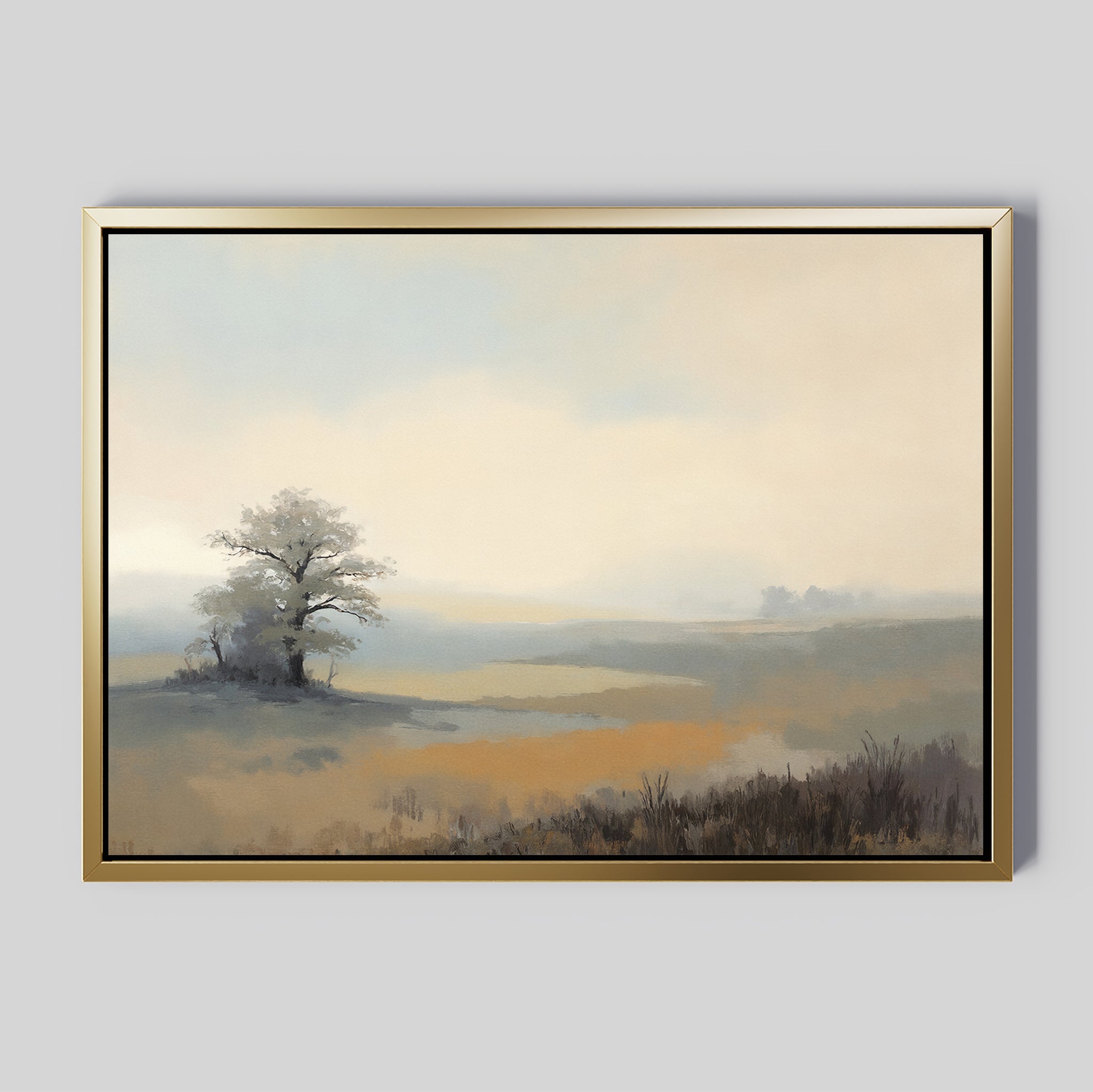 The Foggy Solitude Canvas Art - Horizontal showcases a serene scene of a lone tree on a grassy field with misty hills and a soft sky, using muted colors for a peaceful mood—ideal as tranquil bedroom decor.