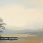 Foggy Solitude Canvas Art - Horizontal features a distant tree and gentle hills in soft gray, beige, and blue tones with “Zoomed In Detail” at the bottom left—ideal tranquil decor for your bedroom.