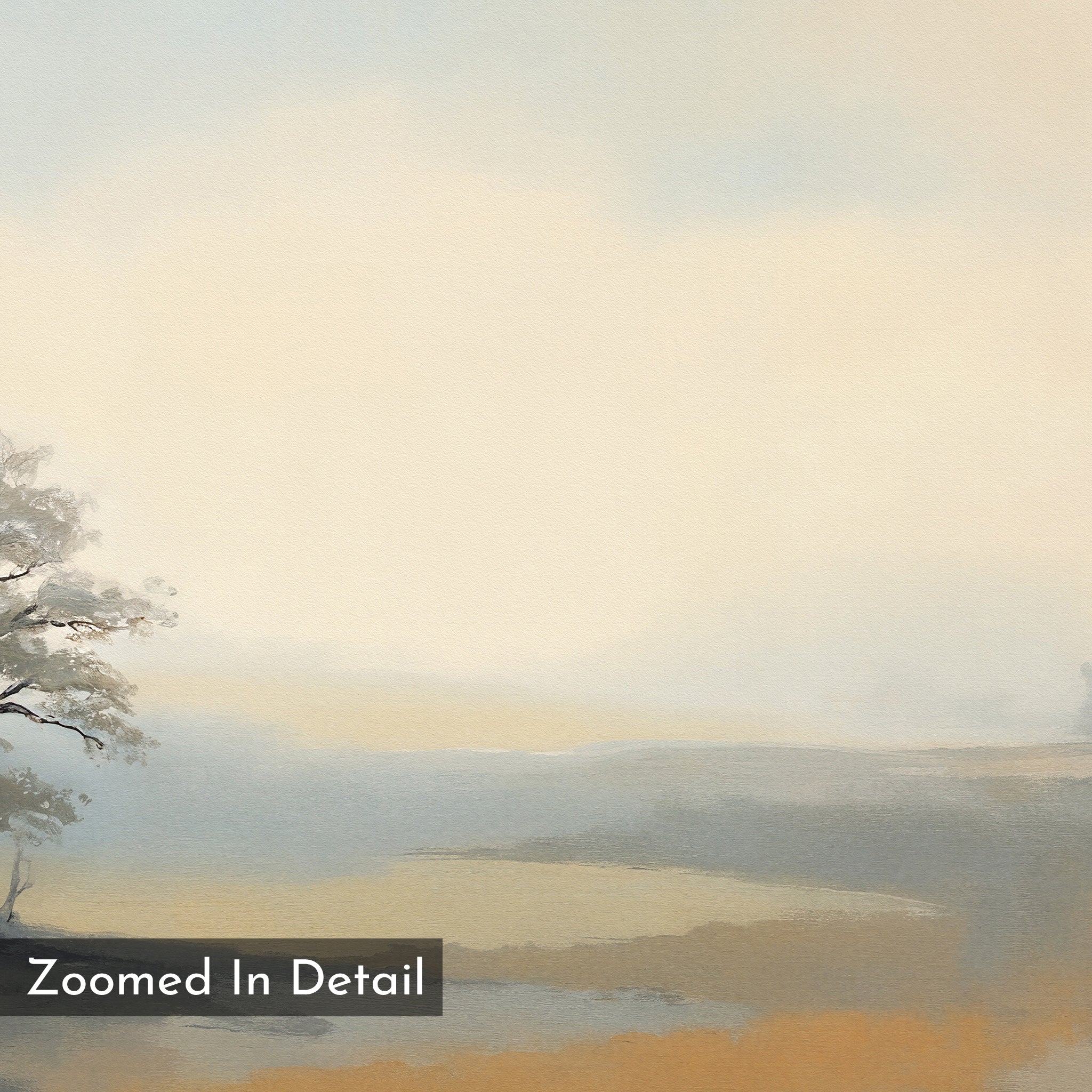 Foggy Solitude Canvas Art - Horizontal features a distant tree and gentle hills in soft gray, beige, and blue tones with “Zoomed In Detail” at the bottom left—ideal tranquil decor for your bedroom.