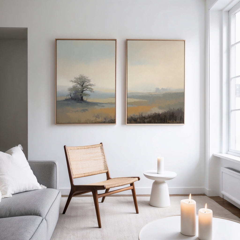 A modern living room with a light gray sofa, wooden chair, round white table, and three candles. "Foggy Solitude - Set of 2" art pieces add tranquil decor with misty landscapes and trees on a white wall by large windows.