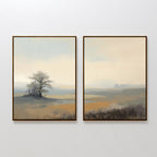 The Foggy Solitude - Set of 2 features framed misty landscape art in soft, muted colors: one panel shows a lone tree in a hazy field, the other an open view with distant foliage—ideal for creating tranquil, serene wall decor.