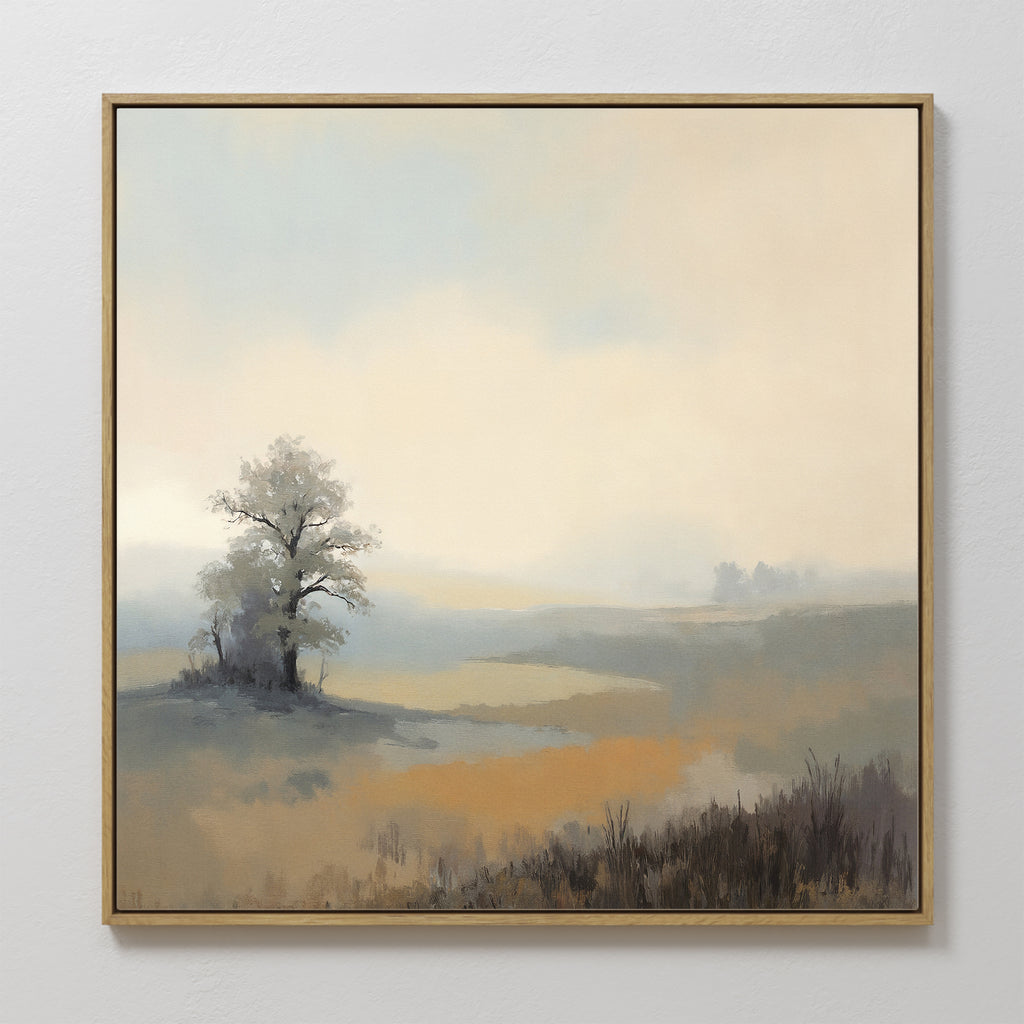 The Foggy Solitude Canvas Art - Square features a single tree amidst hazy fields in muted tones, creating a tranquil and serene Nordic park atmosphere for your wall.