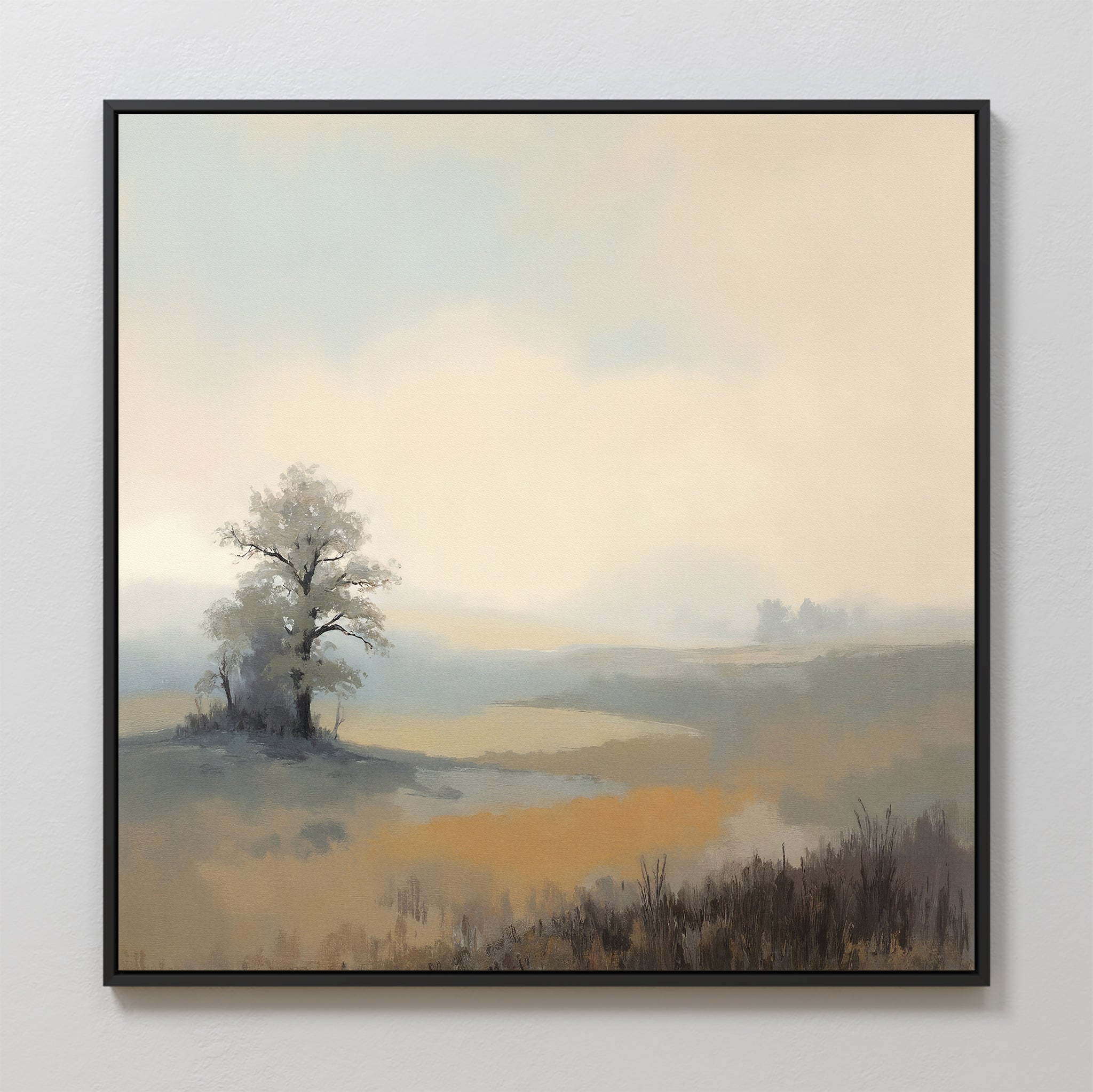 The Foggy Solitude Canvas Art - Square features a tranquil scene of a lone tree in a grassy field beneath a hazy sky, with distant hills and soft, muted colors for a peaceful, calming atmosphere.