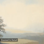 The Foggy Solitude Canvas Art - Square showcases a soft, pastel landscape with a distant, hazy horizon and a lone tree on the left. Muted gray and beige tones evoke tranquility. “Zoomed In Detail” text appears in the corner of this calming canvas print.
