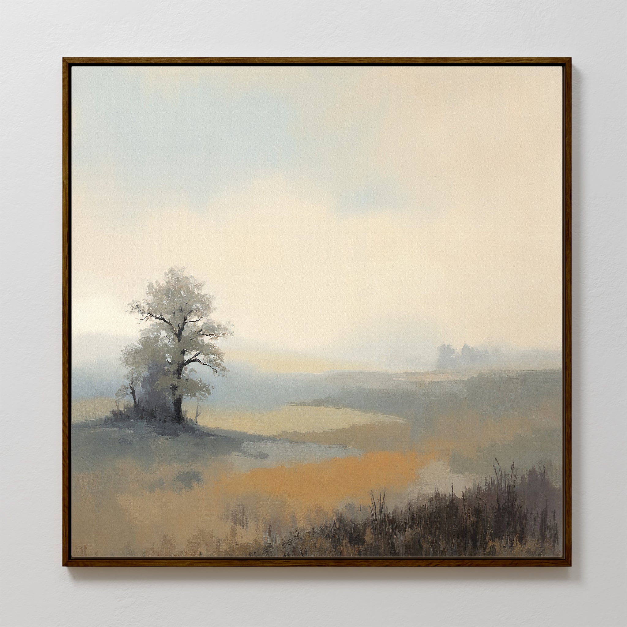 Foggy Solitude Canvas Art - Square features a misty landscape with a lone tree on a gentle hill in soft earth tones, creating tranquil wall art that evokes the calm of a Nordic park.