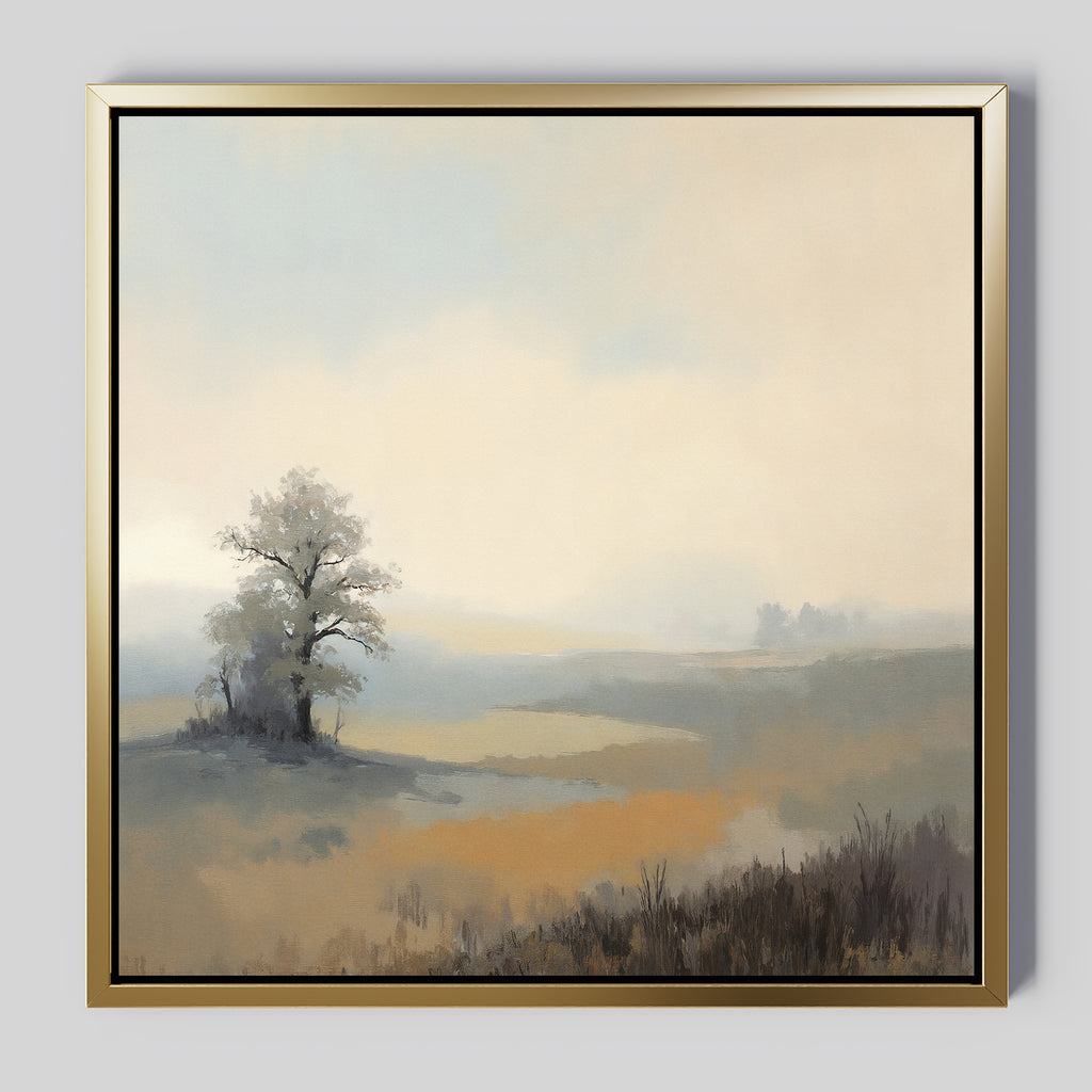 The Foggy Solitude Canvas Art - Square features a tranquil misty landscape with a lone tree on a grassy field and distant hills—ideal foggy landscape wall art to create a serene atmosphere in any space.