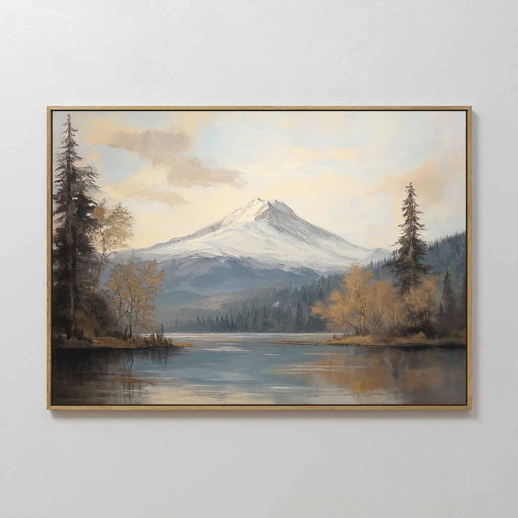 The Frosted Ascent Canvas Art – Horizontal features a snow-capped peak, forest, and serene lake reflections beneath a cloudy sky, elegantly showcasing the tranquil beauty of Nordic Park landscapes.